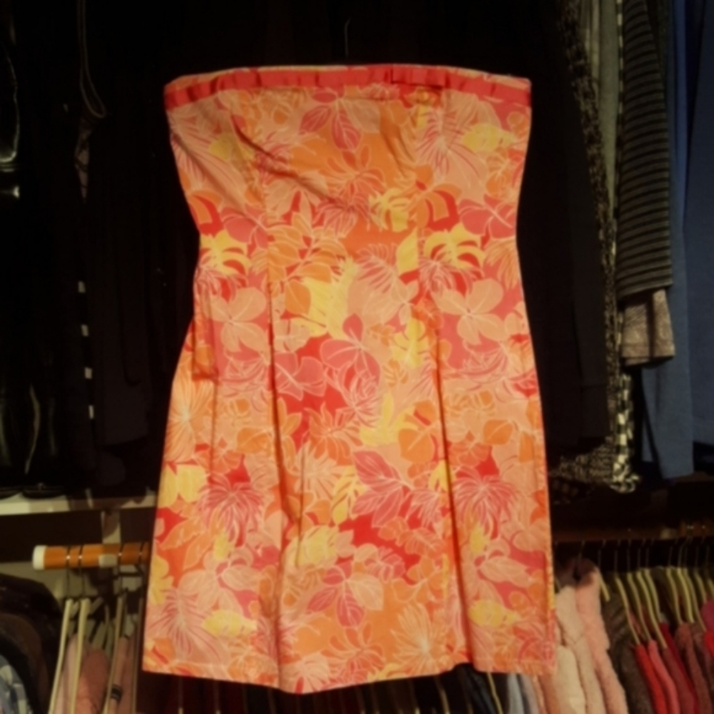 Vol. 1 ♡ Vintage Pink-Coral-Yellow-White Palm Leaf Strapless Mini Sundress 7